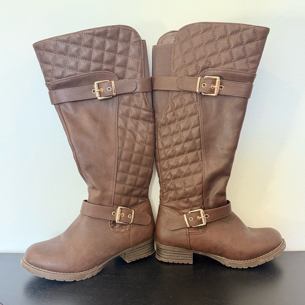 Brown Quilted Knee-High Boots